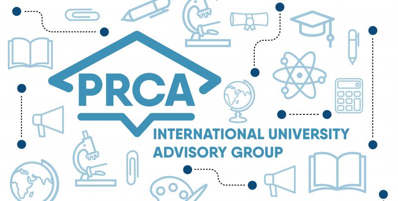 PRCA International University Advisory Group. In background symbols of education.