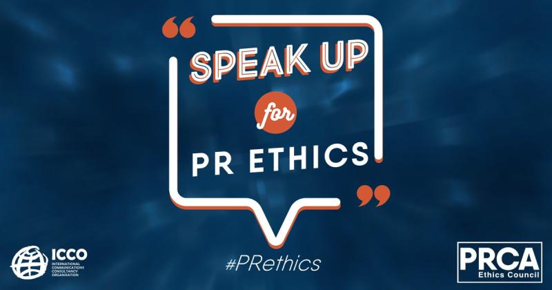 Ethics Month logo that reads speak up fro pr ethics. blue background